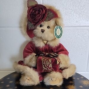 Virginia Bearington Bear Velvet Burgundy Coat Rose adorned Hat Jointed